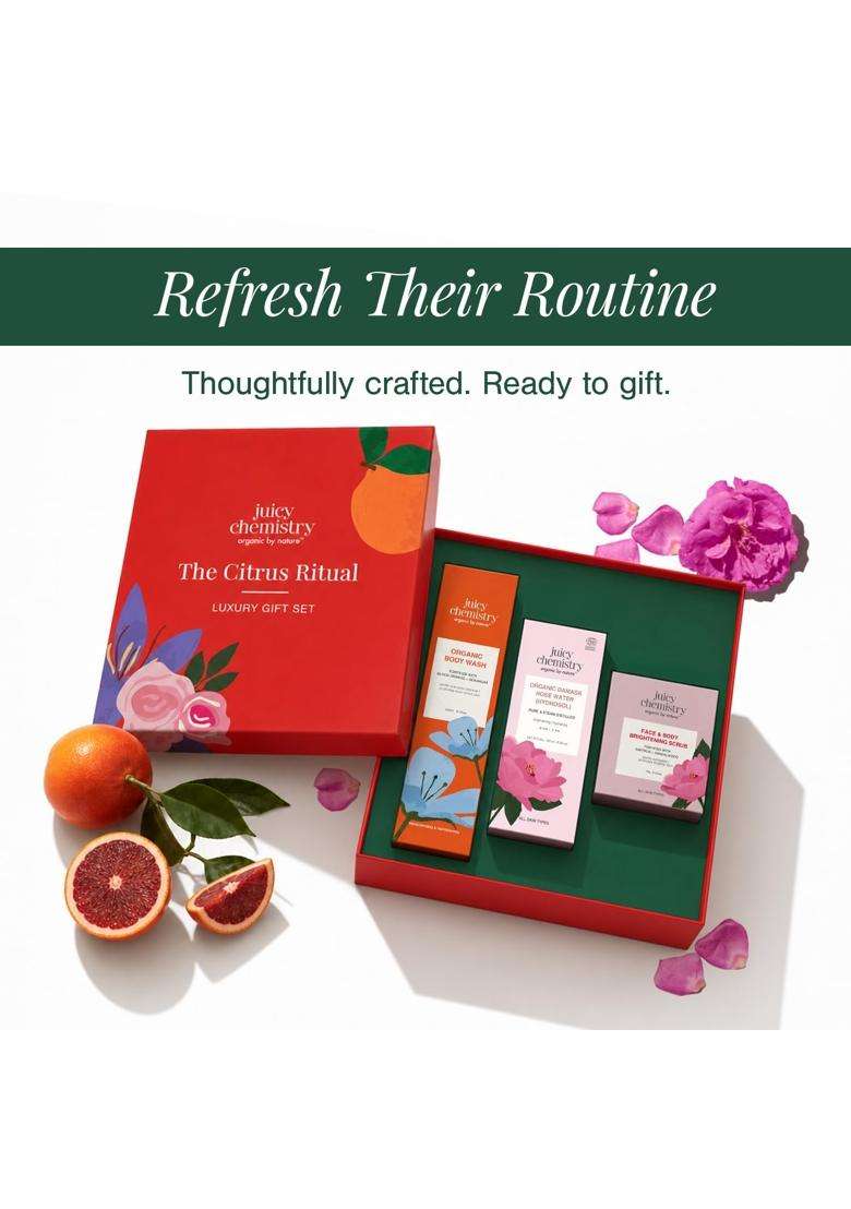 Juicy Chemistry Citrus Ritual Gift Box 200 ml | Body Care Kit | Body Wash 200 ml + Face & Body Brightening Scrub 75g + Rose Water 100 ml - Indya