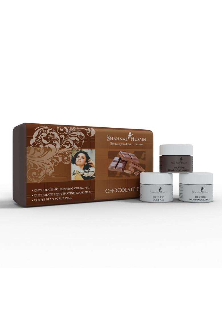 Shahnaz Herbals Chocolate Plus Facial Kit 3x10g | Chocolate Nourishing Cream Plus | Chocolate Rejuvenating Mask Plus | Coffee Bean Scrub Plus - Indya