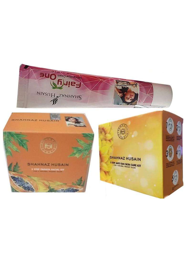 Shahnaz Herbals 5 Step Facial Kit for Glowing & Rejuvenated Skin, Herbal Skincare Treatment, 50g (50 g, papaya + anti tan + fairy one) (Pack of 3) - Indya