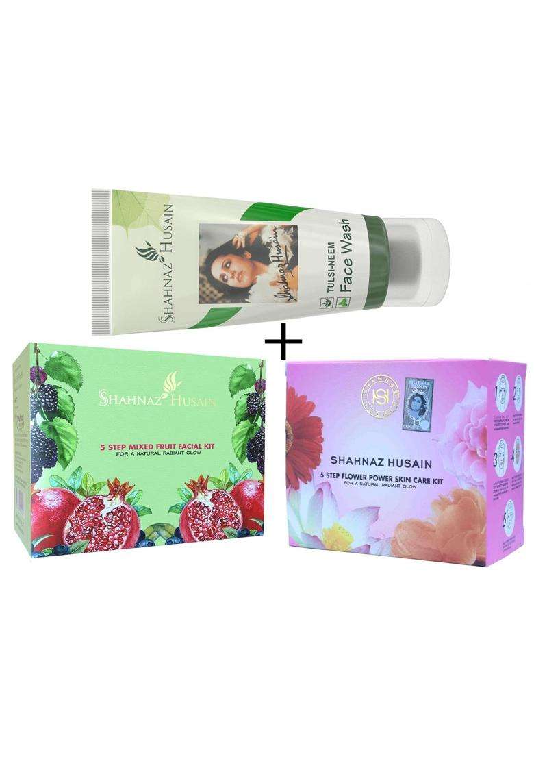 Shahnaz Herbals 5 Step Facial Kit for Glowing & Rejuvenated Skin, Herbal Skincare Treatment, 50g (50 g, Fruit + Flower + tulsi neem face wash) (Pack - Indya