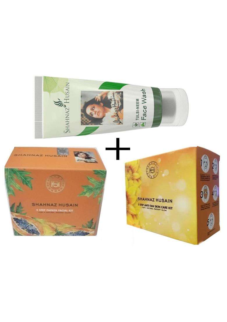 Shahnaz Herbals 5 Step Anti-Tan Skin Care and 5 Step Papaya Facial Kit with Tulsi Neem Face Wash - Indya