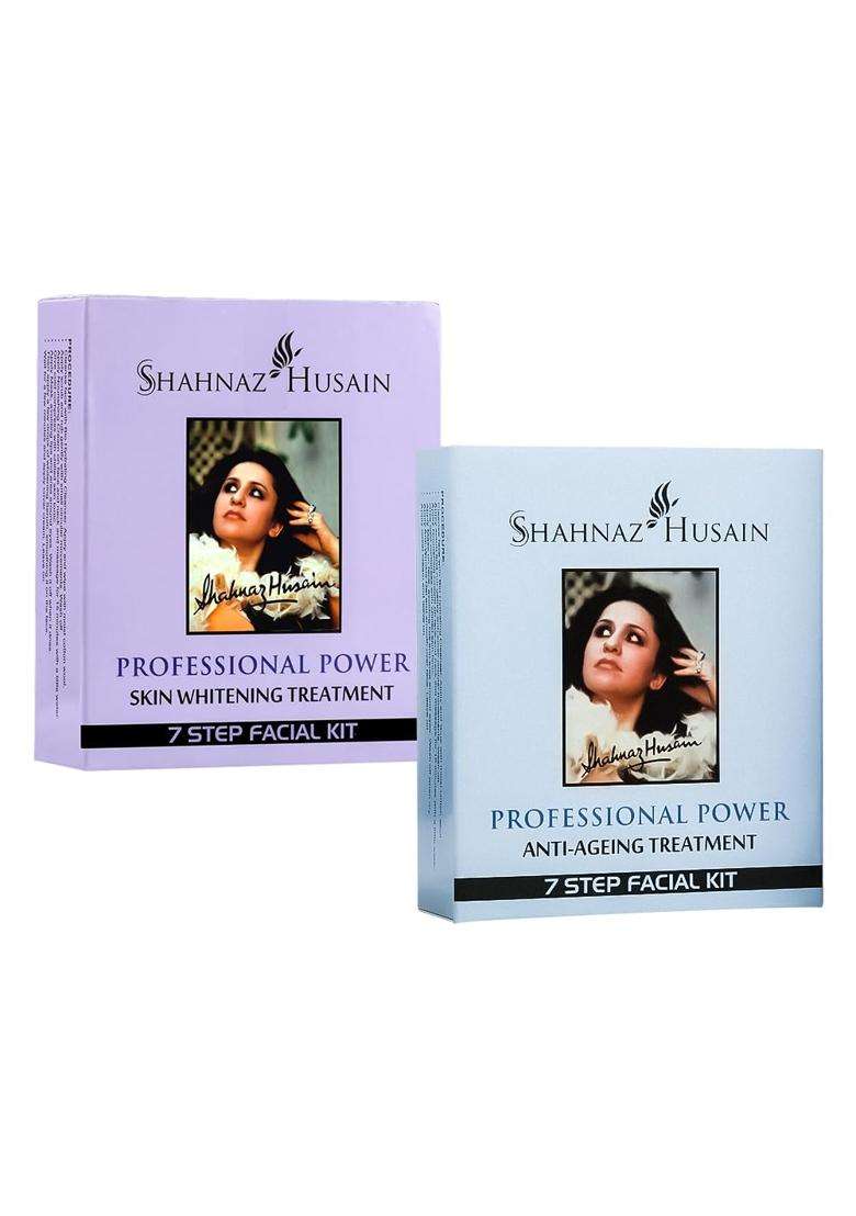 Shahnaz Herbals Professional 7 Step Facial Kit For Power (Anti-Ageing + Skin Whitening) Treatment ( 96g + 30 ml Skin Toner) - Indya