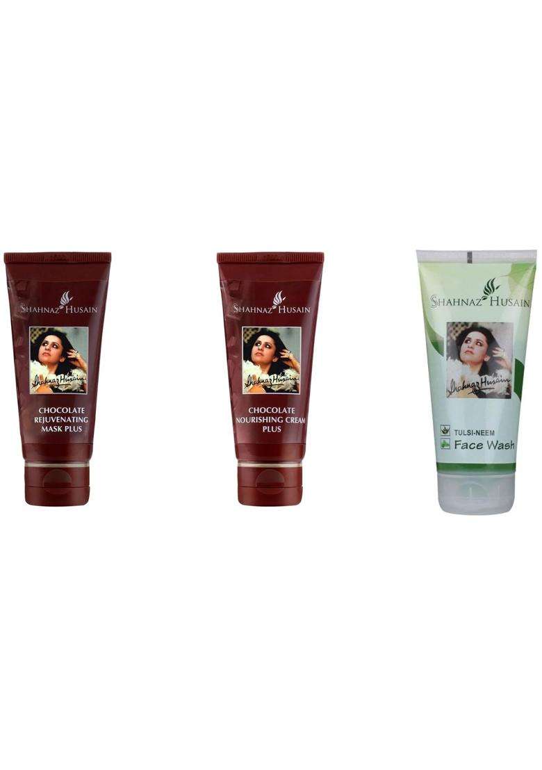 Shahnaz Herbals Chocolate facial kit (1 Chocolate Nourishing Cream Plus 50 g and 1 Chocolate Rejuvenating Mask 100 g) and Tulsi Neem Face Wash (Pack - Indya