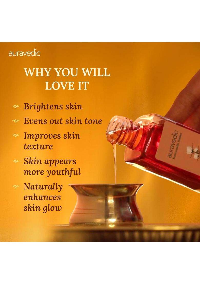Auravedic Kumkumadi Oil For Face 100 ml, Kumkumadi Tailam Face Oil For Glowing Skin, Dark Spot Corrector Face Serum | Authentic Ayurvedic Formula - Indya