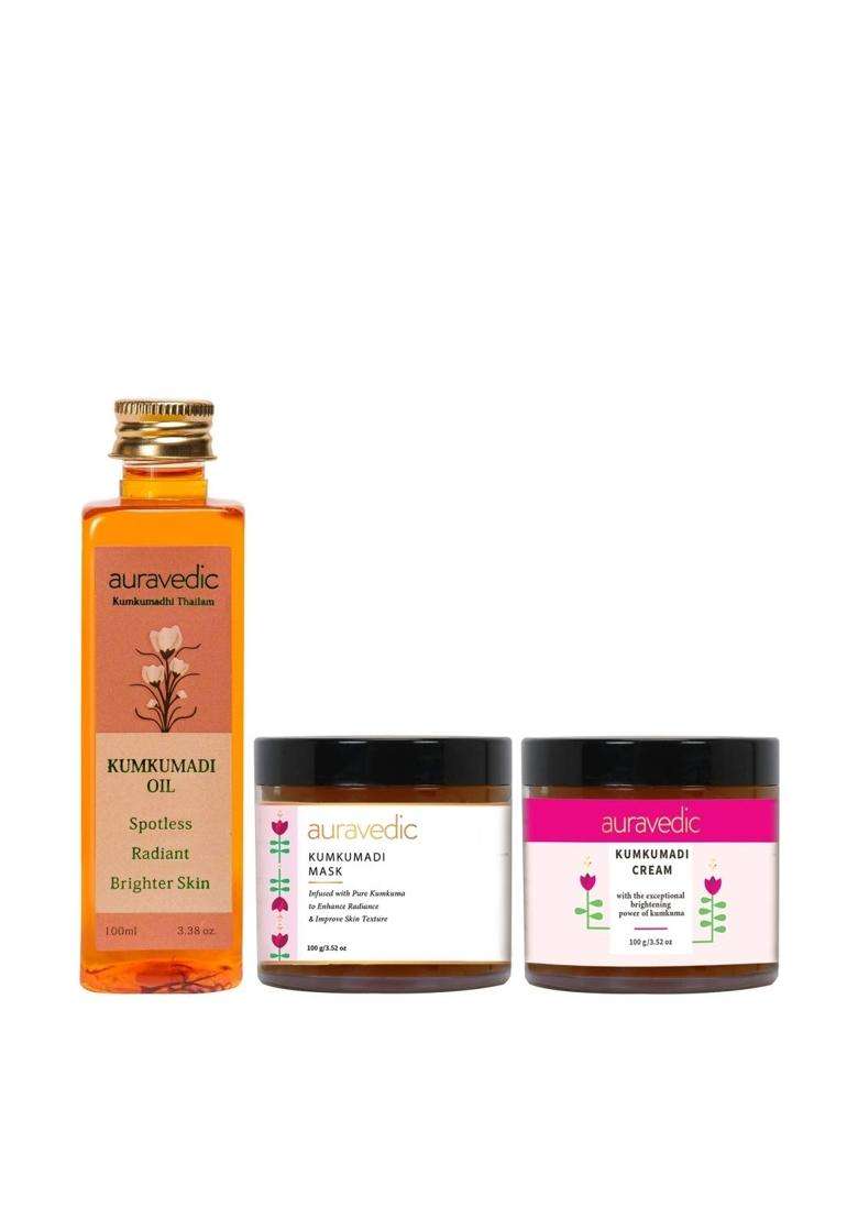 Auravedic Kumkumadi total radiance kumkumadi thailam, kumkumadi cream, kumkumadi mask kumkumadi face oil for glowing skin (100 ml+100 g+100 g) (Pack - Indya