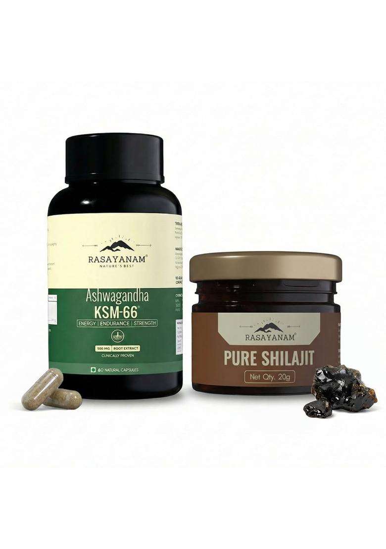 Rasayanam Ashwagandha KSM-66 (60 Veg. Capsules) & Pure Himalayan Shilajit (20g) | Authentic Ayurvedic Formula | Combo Pack - Indya