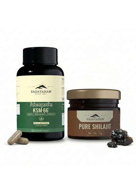 Rasayanam Ashwagandha KSM-66 (60 Veg. Capsules) & Pure Himalayan Shilajit (20g) | Authentic Ayurvedic Formula | Combo Pack