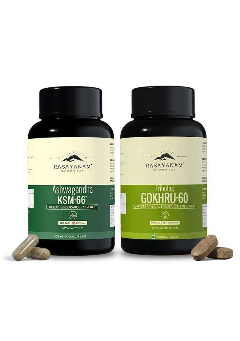 Rasayanam Ashwagandha KSM-66 (500 mg) and Tribulas Gokhru (Pack of 2) | Authentic Ayurvedic Formula | 60 Gokshura Tablets 1000mg - Indya