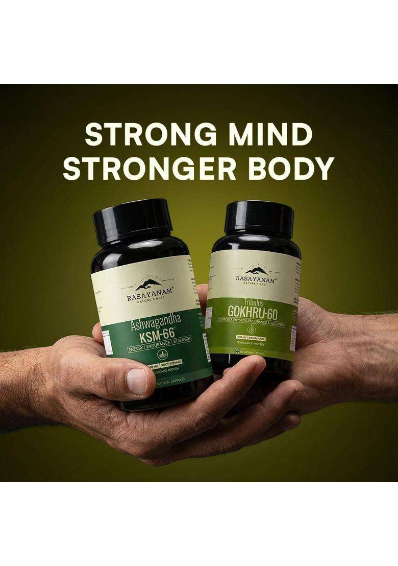 Rasayanam Ashwagandha KSM-66 (500 mg) and Tribulas Gokhru (Pack of 2) | Authentic Ayurvedic Formula | 60 Gokshura Tablets 1000mg - Indya