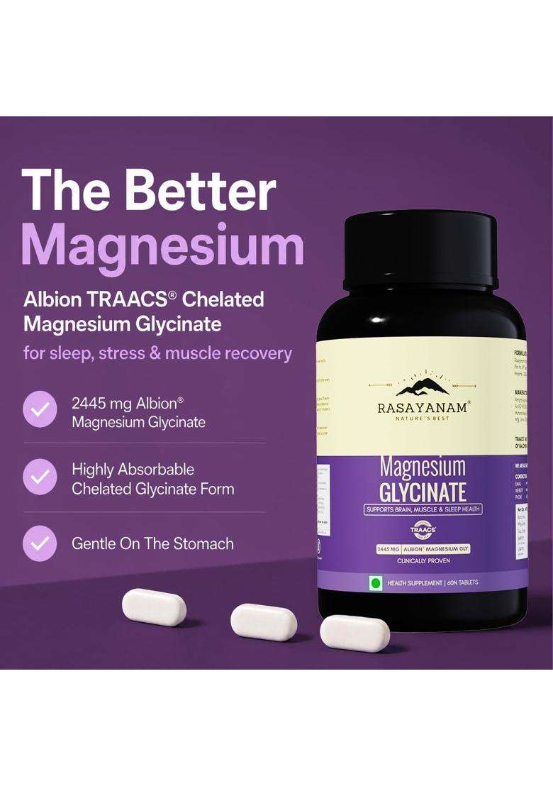 Rasayanam Chelated Magnesium Glycinate (2445 mg) | Authentic Ayurvedic Formula | 60 Tablets | 440 mg Elemental Magnesium | Patented Traacs - Indya