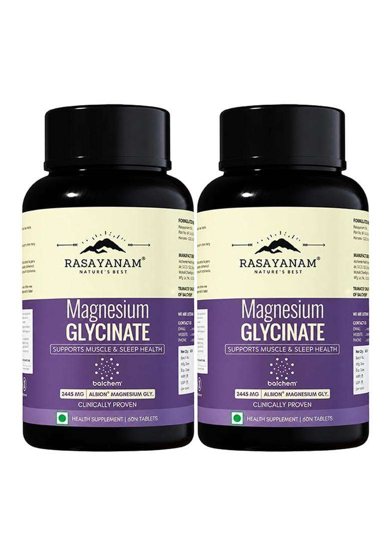 Rasayanam Magnesium Glycinate Supplement 2445 mg (Pack of 2) | Authentic Ayurvedic Formula | (60 Tablets each) - Indya