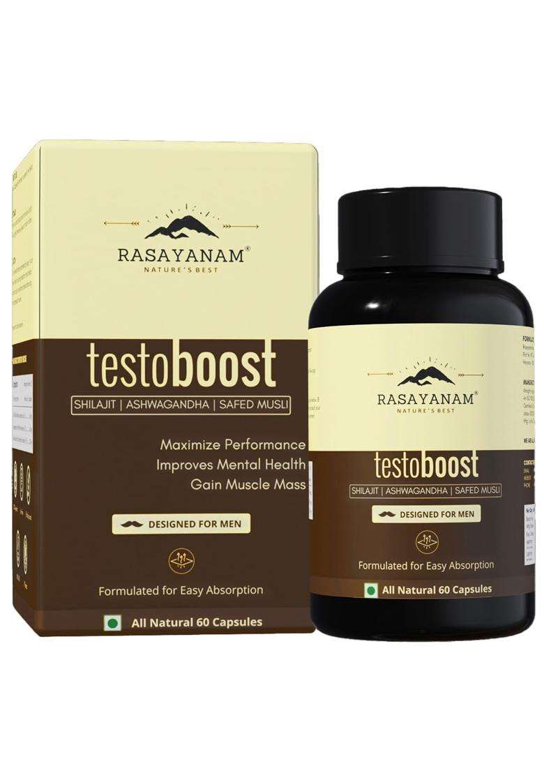 Rasayanam Testoboost Capsules (500mg) | Authentic Ayurvedic Formula | 3-in-1 T-Level Supplement for Men with Shilajit, Ashwagandha & Safed Musli - Indya