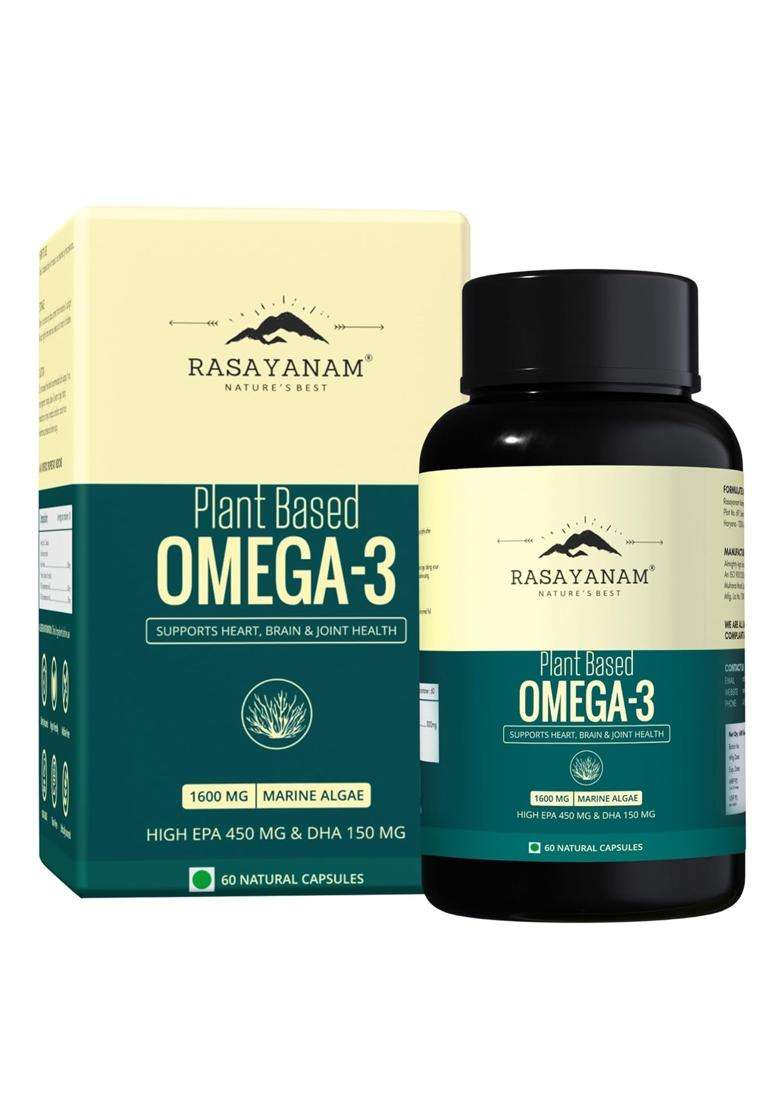 Rasayanam Plant Based Omega-3 Capsules, 1600mg | Authentic Ayurvedic Formula | Gelatin Free, No Burps, No Fish Oil, Pure Algae | 60 Capsules - Indya