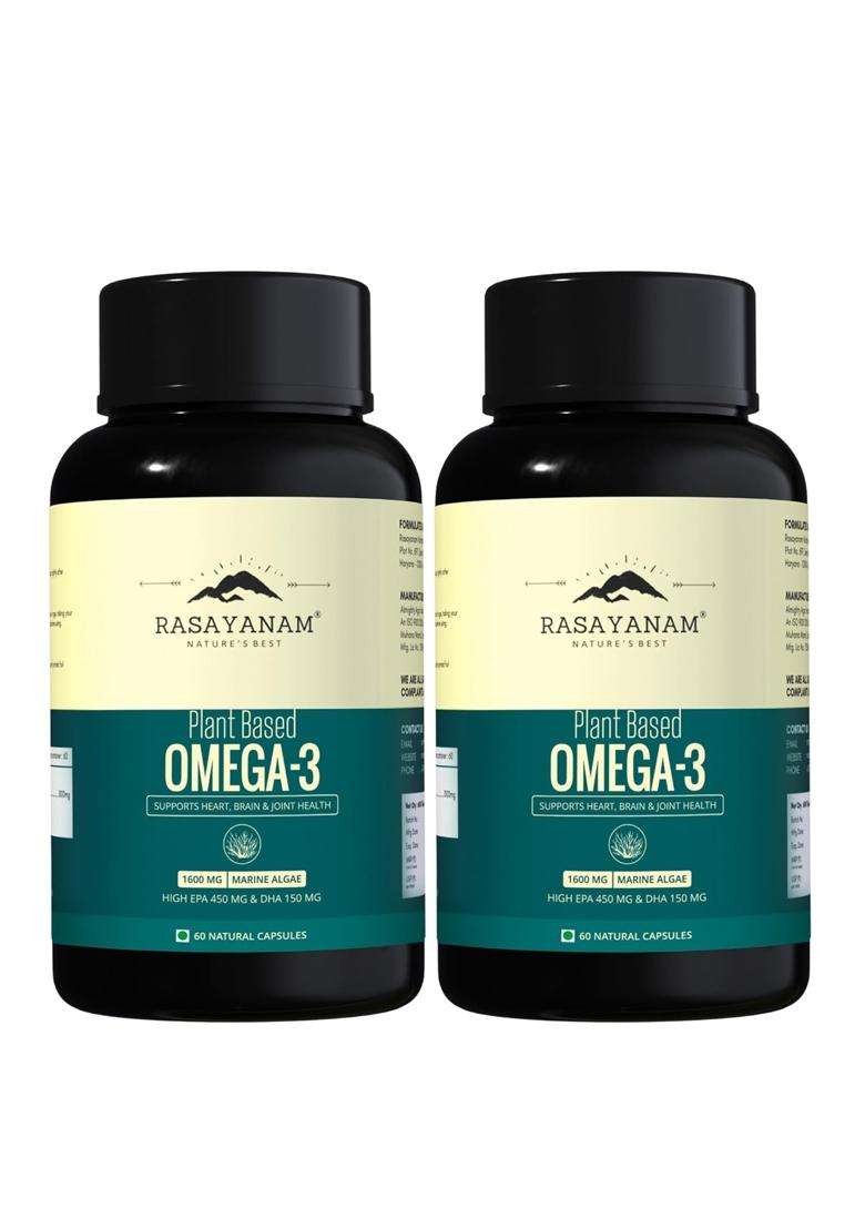 Rasayanam Plant Based Omega-3 Capsules, 1600mg (Pack of 2) | Authentic Ayurvedic Formula | Gelatin Free, No Fish Oil, No Burps | (120 Capsules) - Indya
