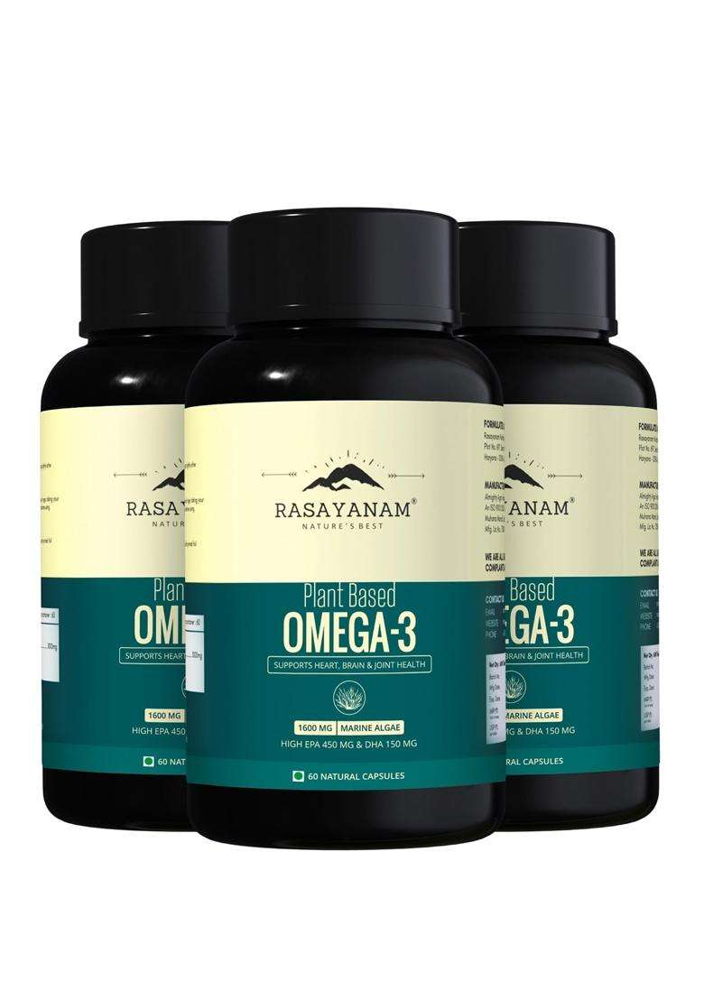 Rasayanam Plant Based Omega-3 Capsules, 1600mg (Pack of 3) | Authentic Ayurvedic Formula | Gelatin Free, No Fish Oil, No Burps | (180 Capsules) - Indya