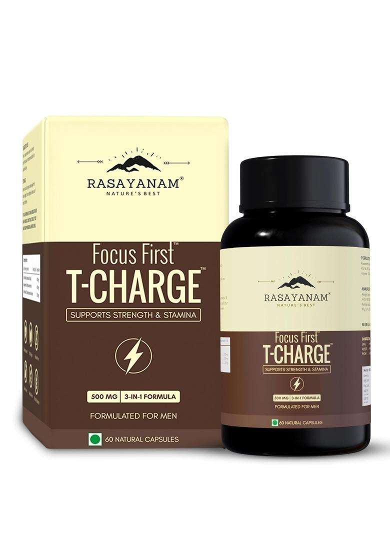 Rasayanam T-Charge Capsules (500mg) | Authentic Ayurvedic Formula | 3-in-1 T | Levels Supplement for Men with Shilajit, Ashwagandha & Safed Musli - Indya
