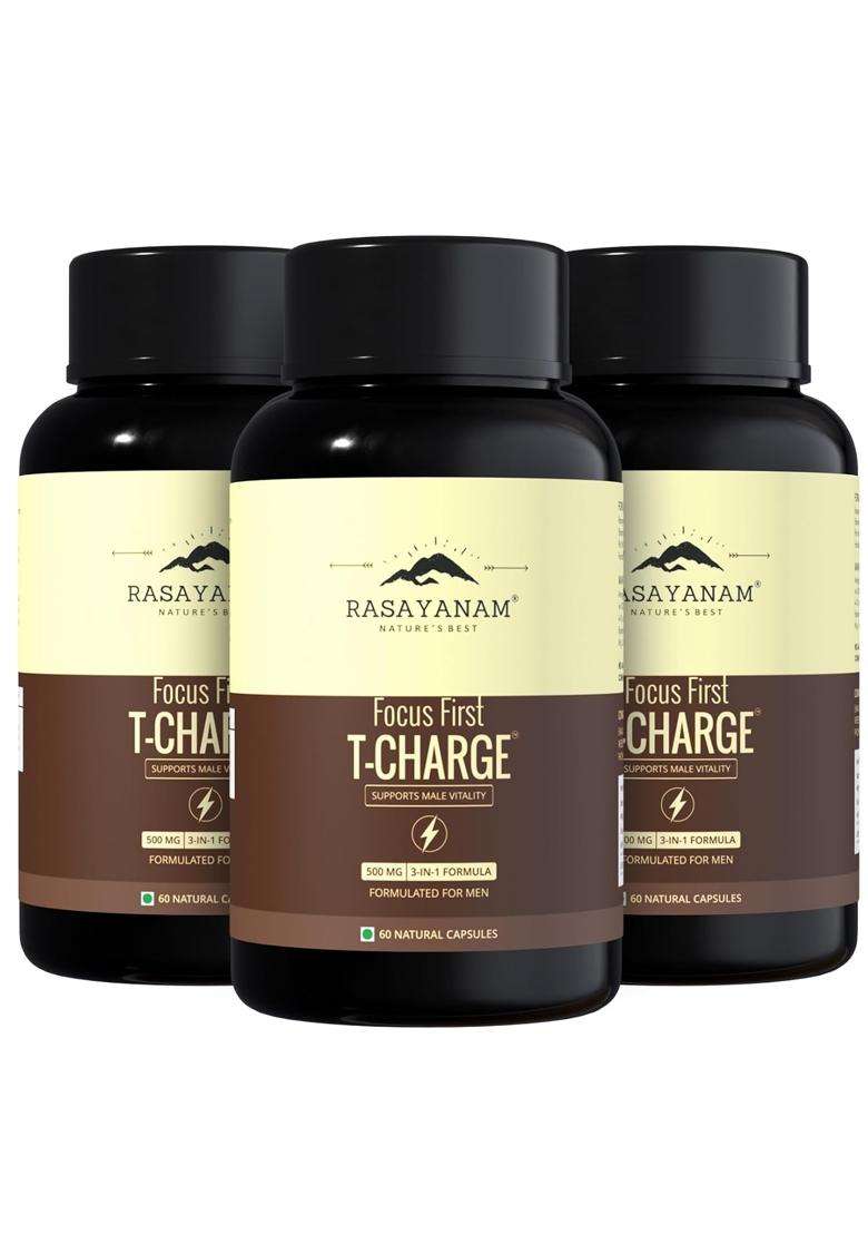 Rasayanam T-Charge Capsules, 500mg (Pack of 3) | Authentic Ayurvedic Formula | Levels Supplement for Men with Shilajit, Ashwagandha & Safed Musli - Indya