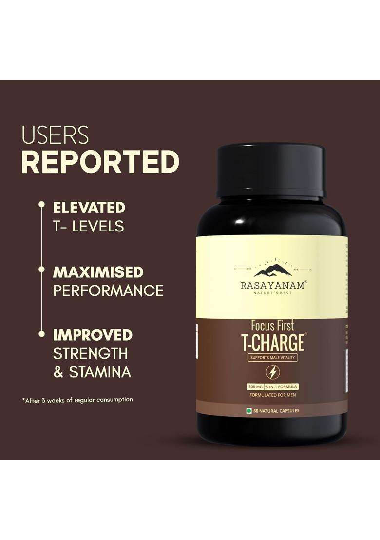 Rasayanam T-Charge Capsules, 500mg (Pack of 3) | Authentic Ayurvedic Formula | Levels Supplement for Men with Shilajit, Ashwagandha & Safed Musli - Indya