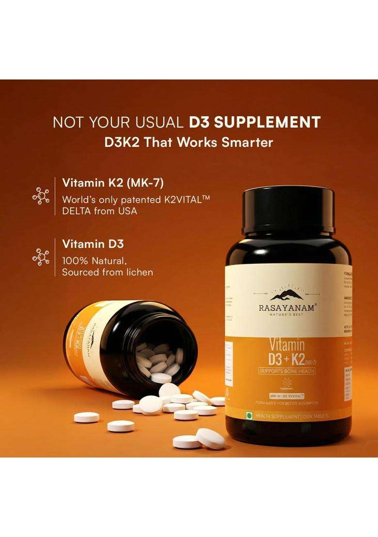 Rasayanam Vitamin D3 + K2 & Vitamin B12 Combo for Daily Deficiency Support 120 Tablets | Authentic Ayurvedic Formula - Indya