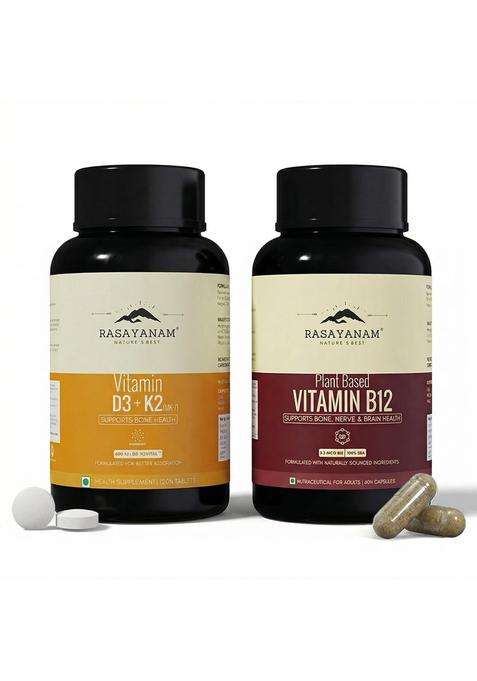 Rasayanam Vitamin D3 + K2 & Vitamin B12 Combo for Daily Deficiency Support 120 Tablets | Authentic Ayurvedic Formula
