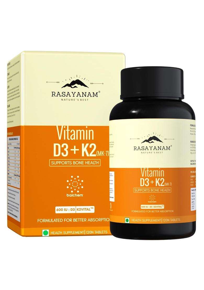 Rasayanam Vitamin D3 K2(MK-7) | Authentic Ayurvedic Formula | 100% Vegan Vitamin D3 | Superior K2(MK-7) from Balchem, USA | D3 Supplement For Immunity - Indya
