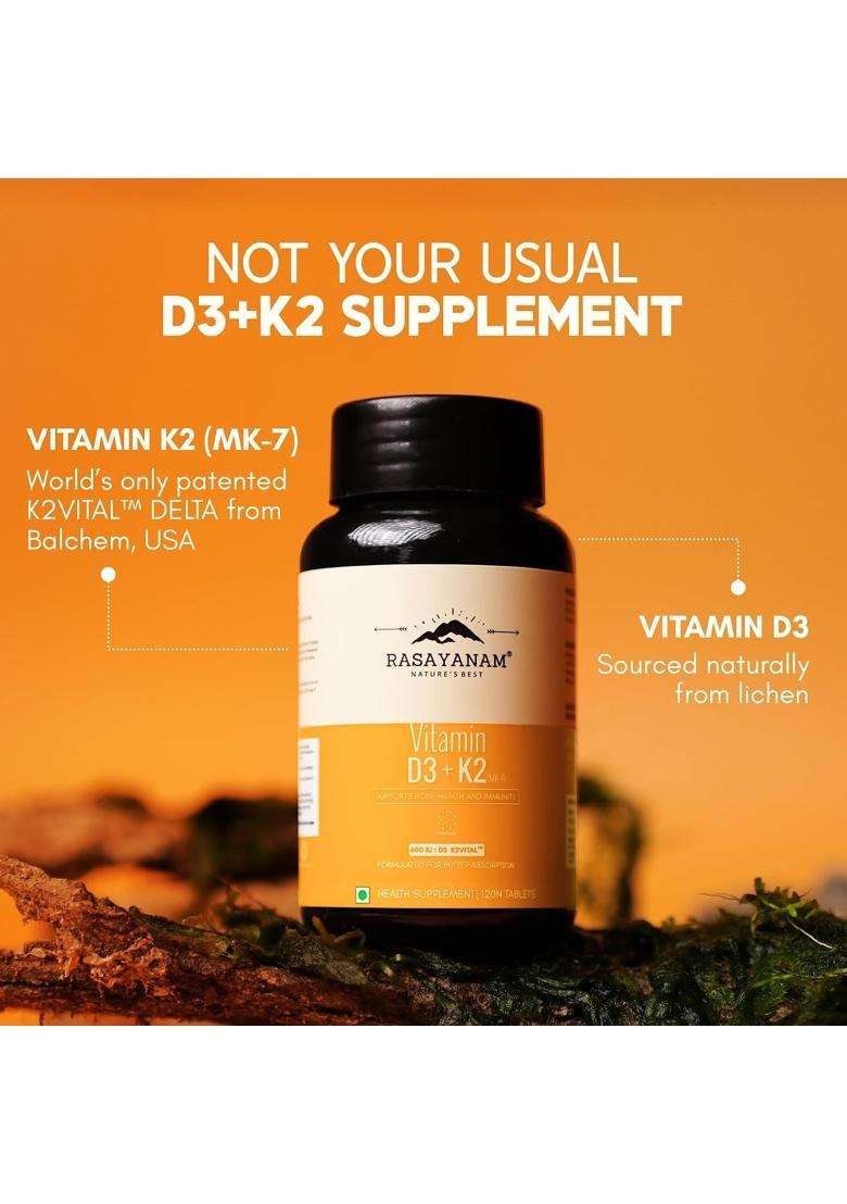 Rasayanam Vitamin D3 K2(MK-7) | Authentic Ayurvedic Formula | 100% Vegan Vitamin D3 | Superior K2(MK-7) from Balchem, USA | D3 Supplement For Immunity - Indya