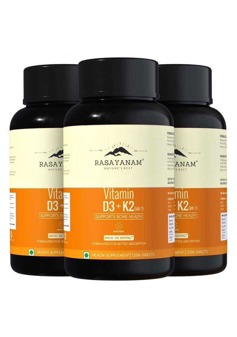 Rasayanam Vitamin D3 K2(MK-7) (Pack of 3) | Authentic Ayurvedic Formula | 100% Vegan Vitamin D3 | Superior K2(MK-7) from Balchem, USA - Indya