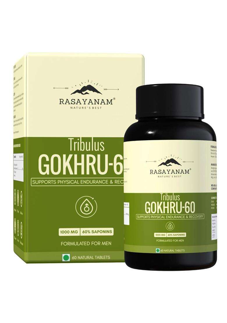 Rasayanam Tribulus Gokhru-60 60 Tablets | Authentic Ayurvedic Formula | 60% Saponins For Max Results | Daily Vitality Supplement for Men - Indya
