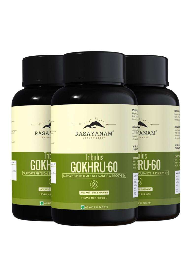 Rasayanam Tribulus Gokhru-60 180 Tablets | Authentic Ayurvedic Formula | 60% Saponins For Max Results | Daily Vitality Supplement for Men - Indya