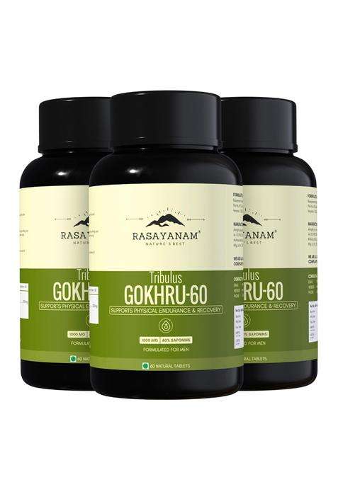 Rasayanam Tribulus Gokhru-60 180 Tablets | Authentic Ayurvedic Formula | 60% Saponins For Max Results | Daily Vitality Supplement for Men