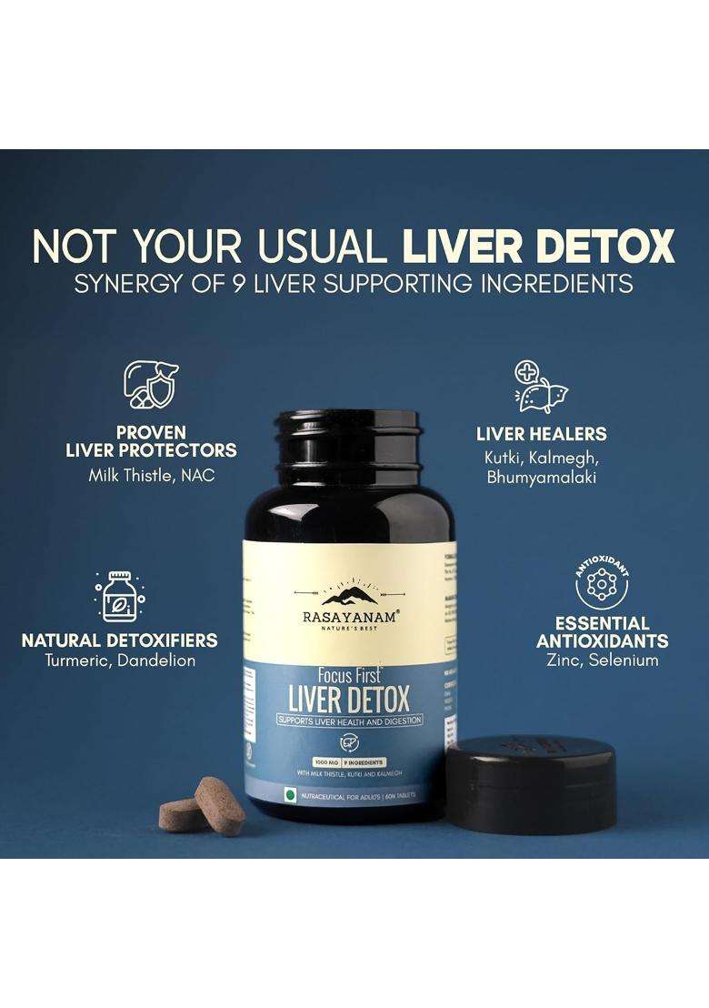 Rasayanam Liver Detox Supplement 1000mg (Pack of 2) | Authentic Ayurvedic Formula | Milk Thistle and NAC | 80% Silymarin | 60 Tablets each - Indya