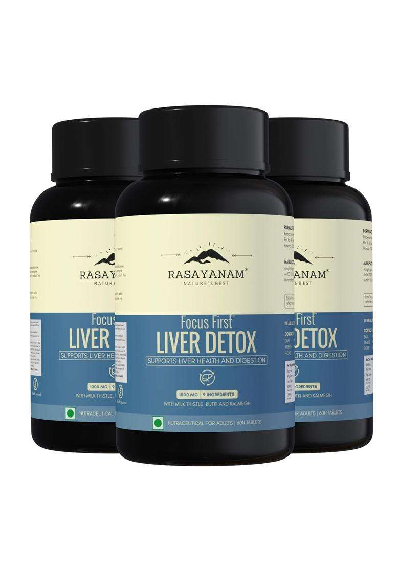 Rasayanam Liver Detox Supplement 1000mg (Pack of 3) | Authentic Ayurvedic Formula | Milk Thistle and NAC | 80% Silymarin | 60 Tablets each - Indya