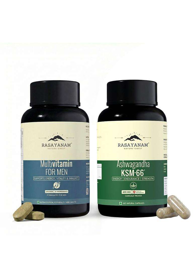 Rasayanam Multivitamin for Men + Ashwagandha KSM-66 Combo 600mg | Authentic Ayurvedic Formula | 100% RDA of 25+ Vitamins & Minerals - Indya