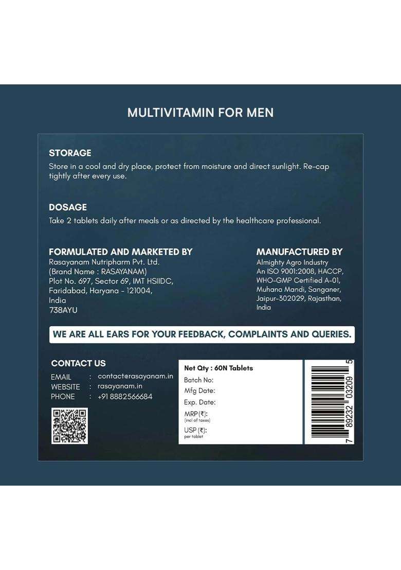Rasayanam Multivitamin for Men + Ashwagandha KSM-66 Combo 600mg | Authentic Ayurvedic Formula | 100% RDA of 25+ Vitamins & Minerals - Indya