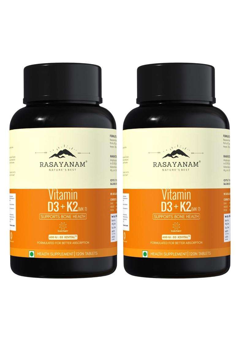 Rasayanam Vitamin D3 K2(MK-7) (Pack of 2) | Authentic Ayurvedic Formula | 100% Vegan Vitamin D3 | Superior K2(MK-7) from Balchem, USA - Indya