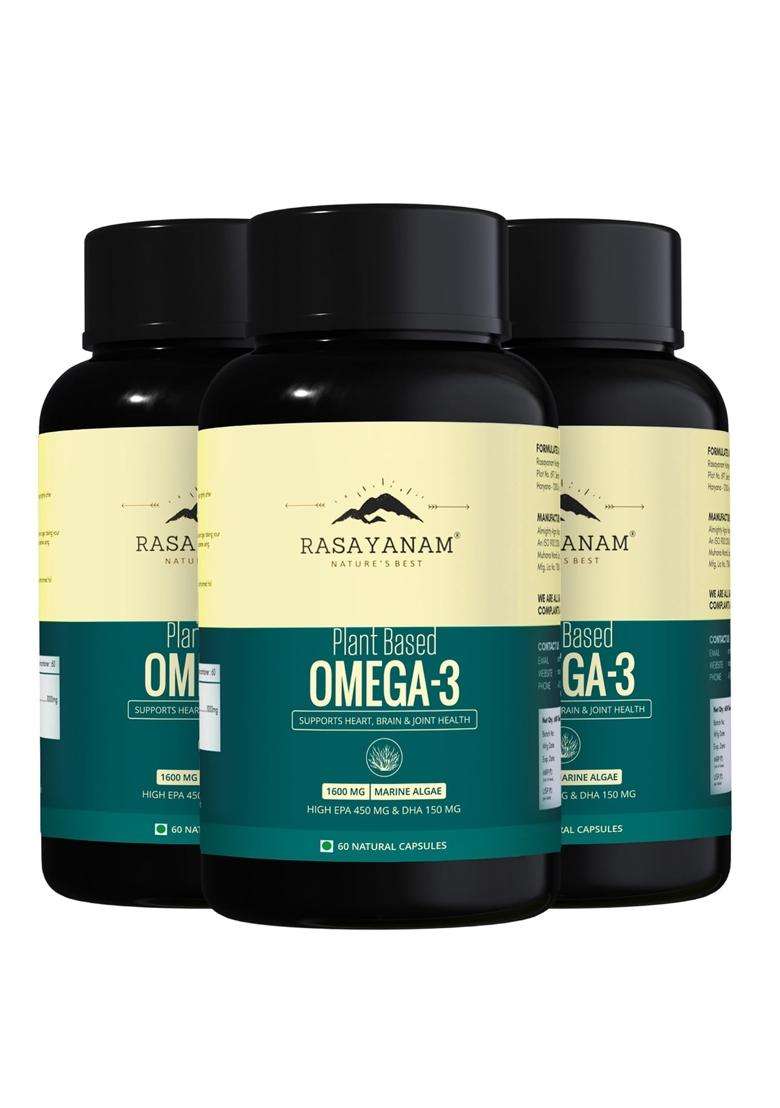 Rasayanam Plant Based Omega-3 Capsules, 1600mg (Pack of 3) | Authentic Ayurvedic Formula | Gelatin Free, No Fish Oil, No Burps - Indya