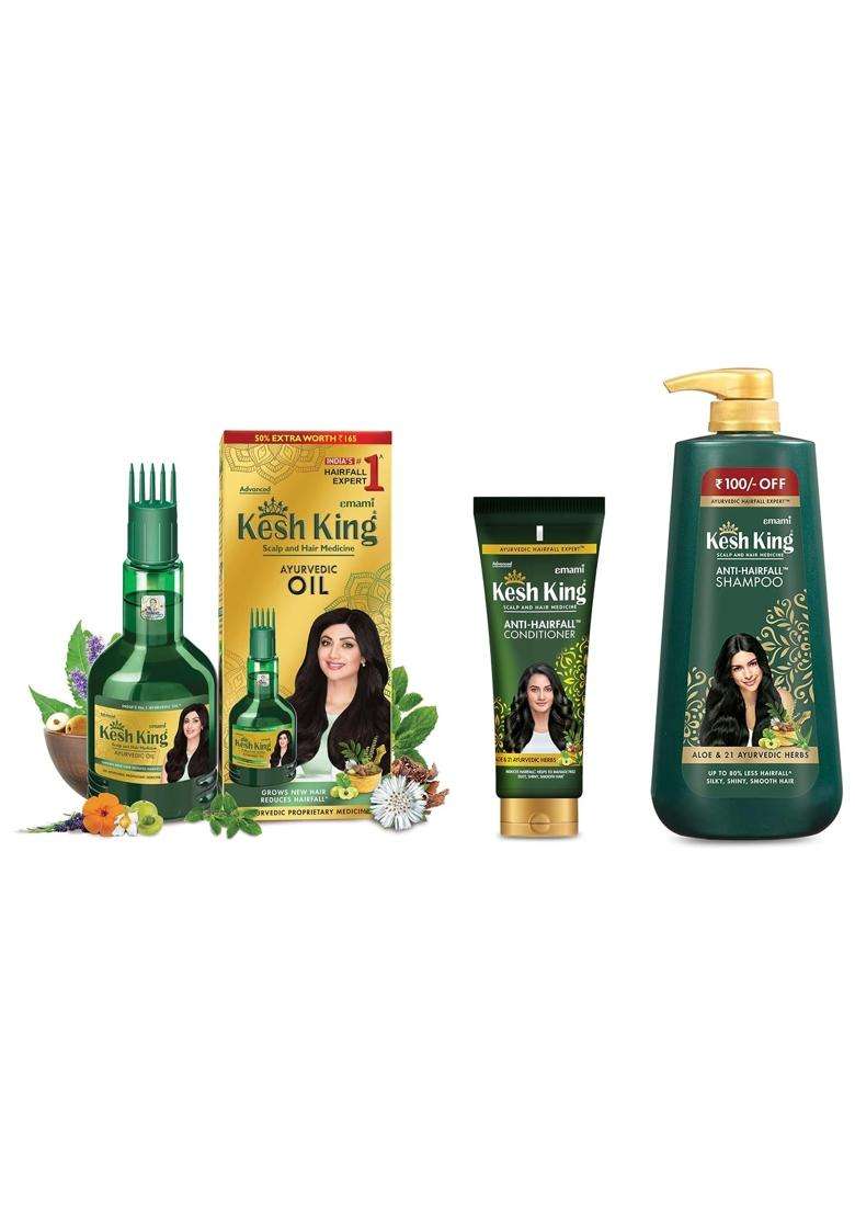 Kesh King Ayurvedic Anti Hairfall Oil 300 ml With Anti Hair Fall Shampoo 600 ml and Conditioner 200 ml | Authentic Traditional Formula - Indya