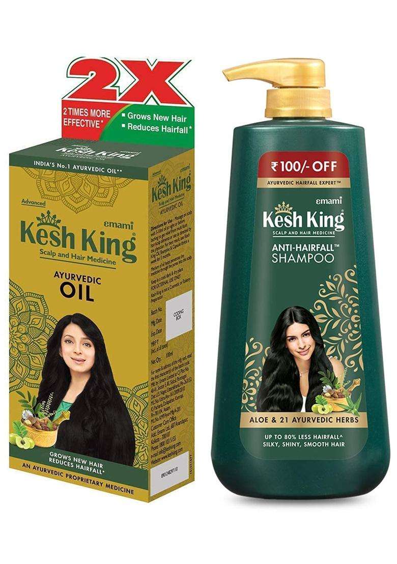 Kesh King Ayurvedic Anti Hairfall Hair Oil, 300 ml & Kesh King Scalp and Hair Medicine Anti-Hairfall Shampoo, 600 ml | Authentic Traditional Formula - Indya