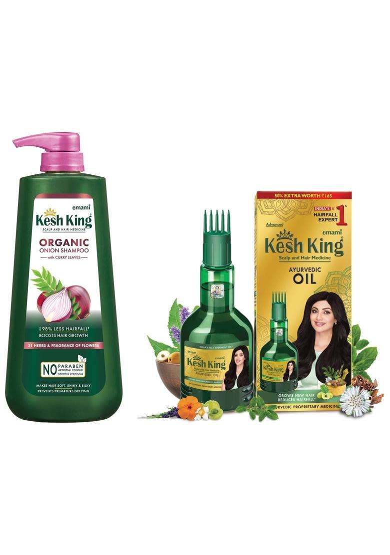 Kesh King Ayurvedic Onion Shampoo 600 ml & Kesh King Ayurvedic Anti Hairfall Hair Oil, 300 ml | Authentic Traditional Formula - Indya