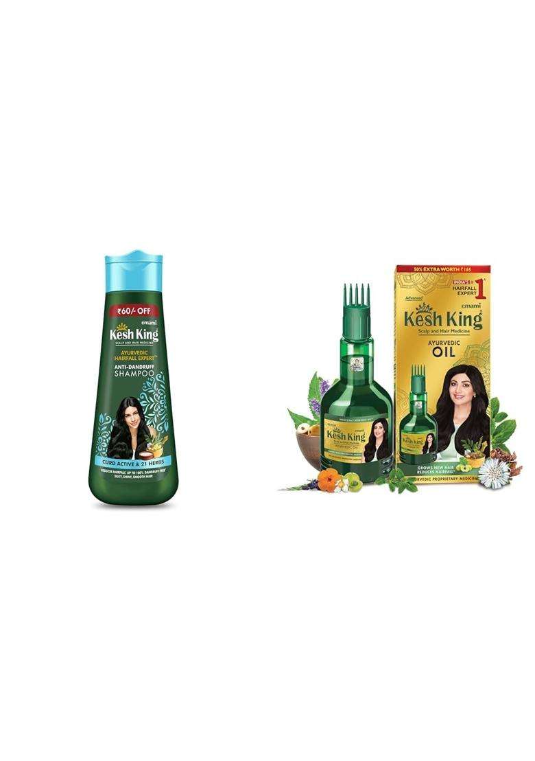 Kesh King Ayurvedic Anti-Dandruff Shampoo Up To 100% Dandruff Free, Lemon And Neem For Unisex, 340 ml & Kesh King Ayurvedic Anti Hairfall Hair Oil - Indya
