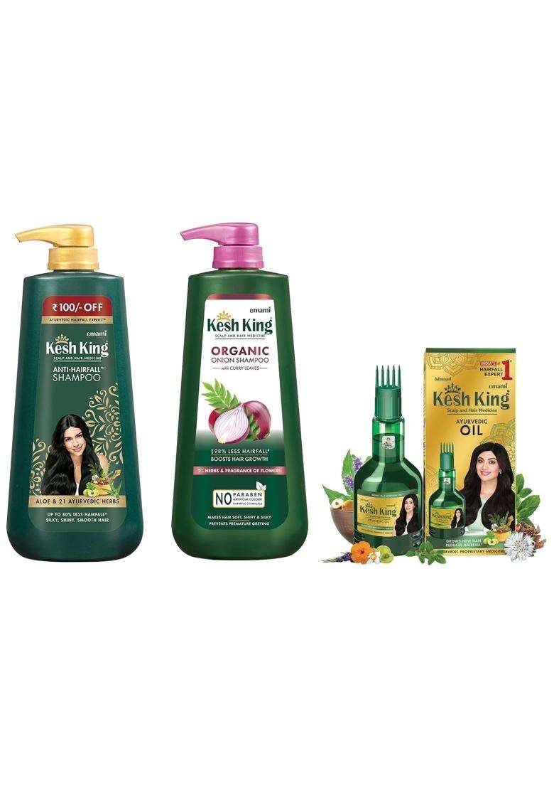 Kesh King Ayurvedic Onion Shampoo 600 ml, Anti-Hairfall Shampoo 600 ml & Scalp and Hair Oil 100 ml | Authentic Traditional Formula - Indya