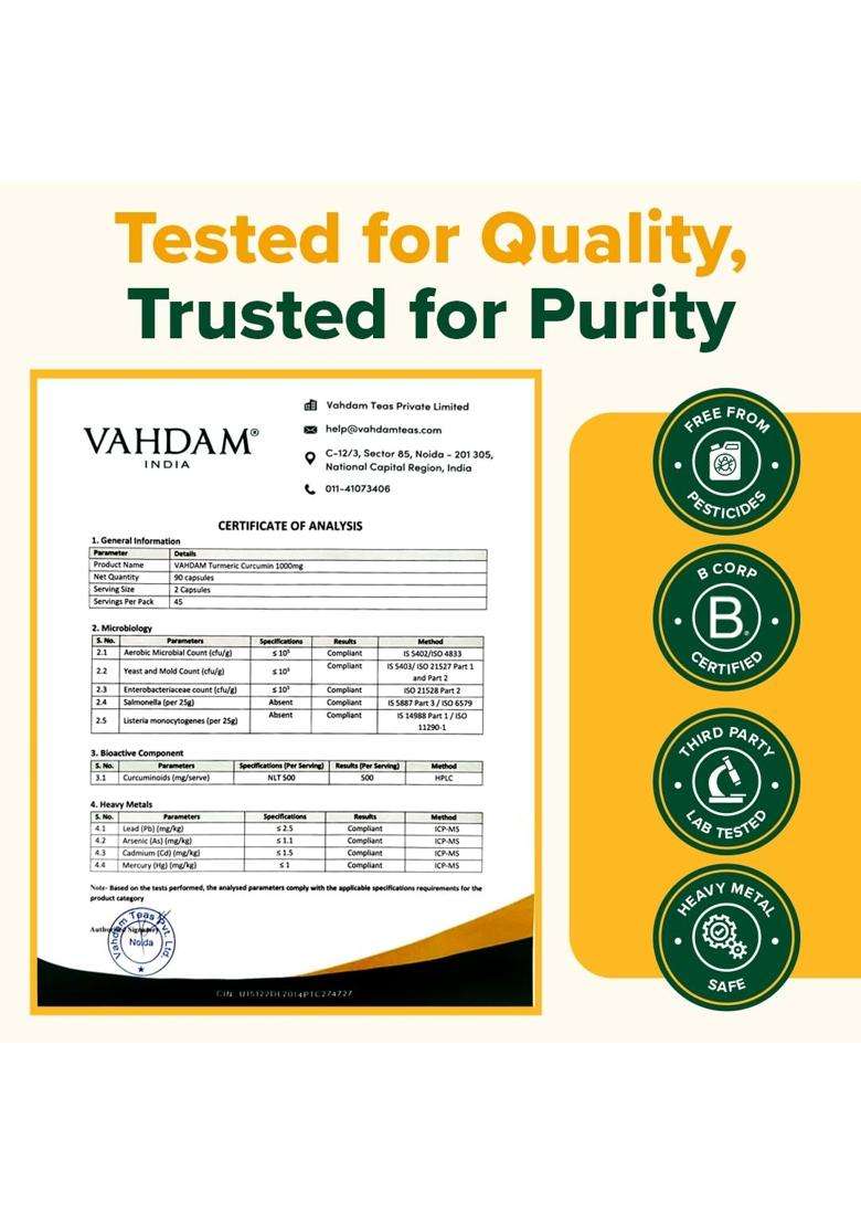 Vahdam Turmeric Curcumin for Joint Support 90 Capsules | Piperine & 95% Curcuminoids | Anti Inflammatory Supplement - Indya