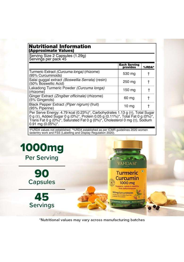 Vahdam Turmeric Curcumin for Joint Support 90 Capsules | Piperine & 95% Curcuminoids | Anti Inflammatory Supplement - Indya