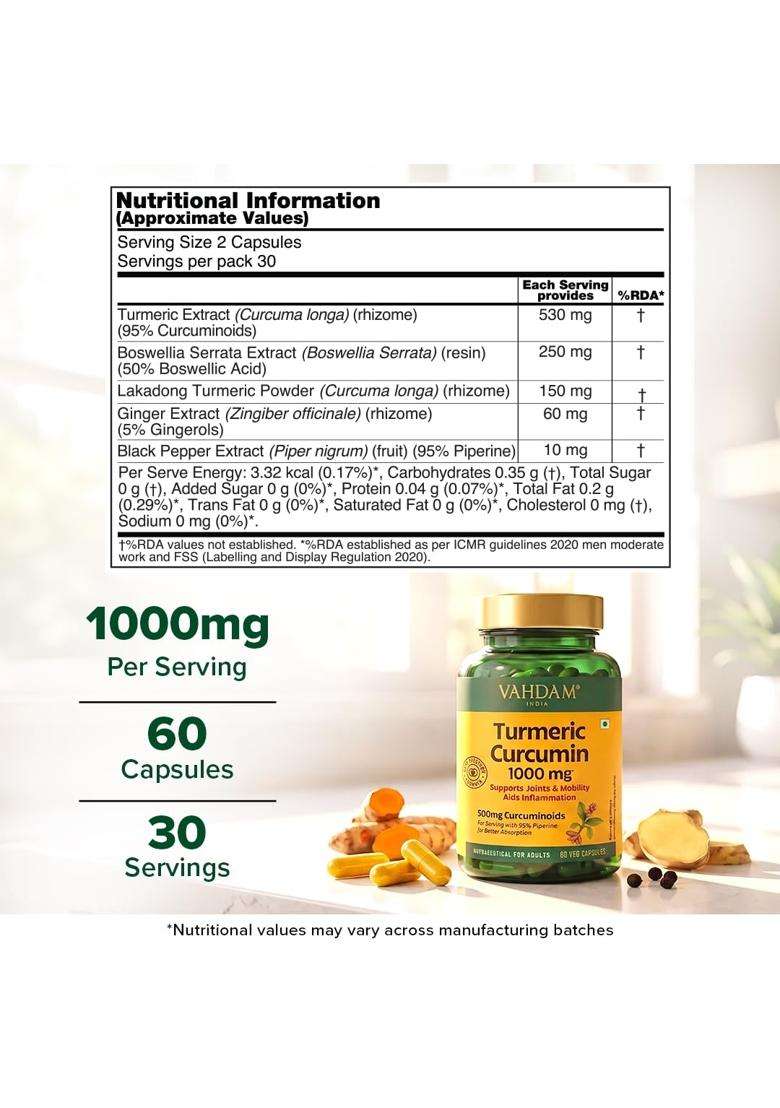 Vahdam Turmeric Curcumin for Joint Support 60 Capsules | Piperine & 95% Curcuminoids | Anti Inflammatory Supplement - Indya