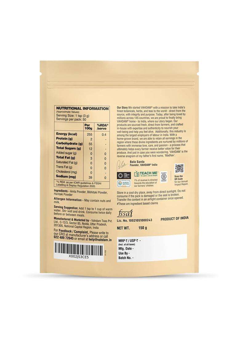 Vahdam Triphala Powder 150g | Authentic Traditional Formula | Ayurvedic Tri-Blend of Amla, Bibhitaki & Haritaki | Non-GMO, Vegan | 50 Servings - Indya