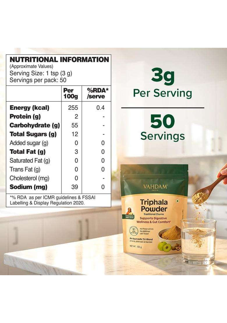 Vahdam Triphala Powder 150g | Authentic Traditional Formula | Ayurvedic Tri-Blend of Amla, Bibhitaki & Haritaki | Non-GMO, Vegan | 50 Servings - Indya