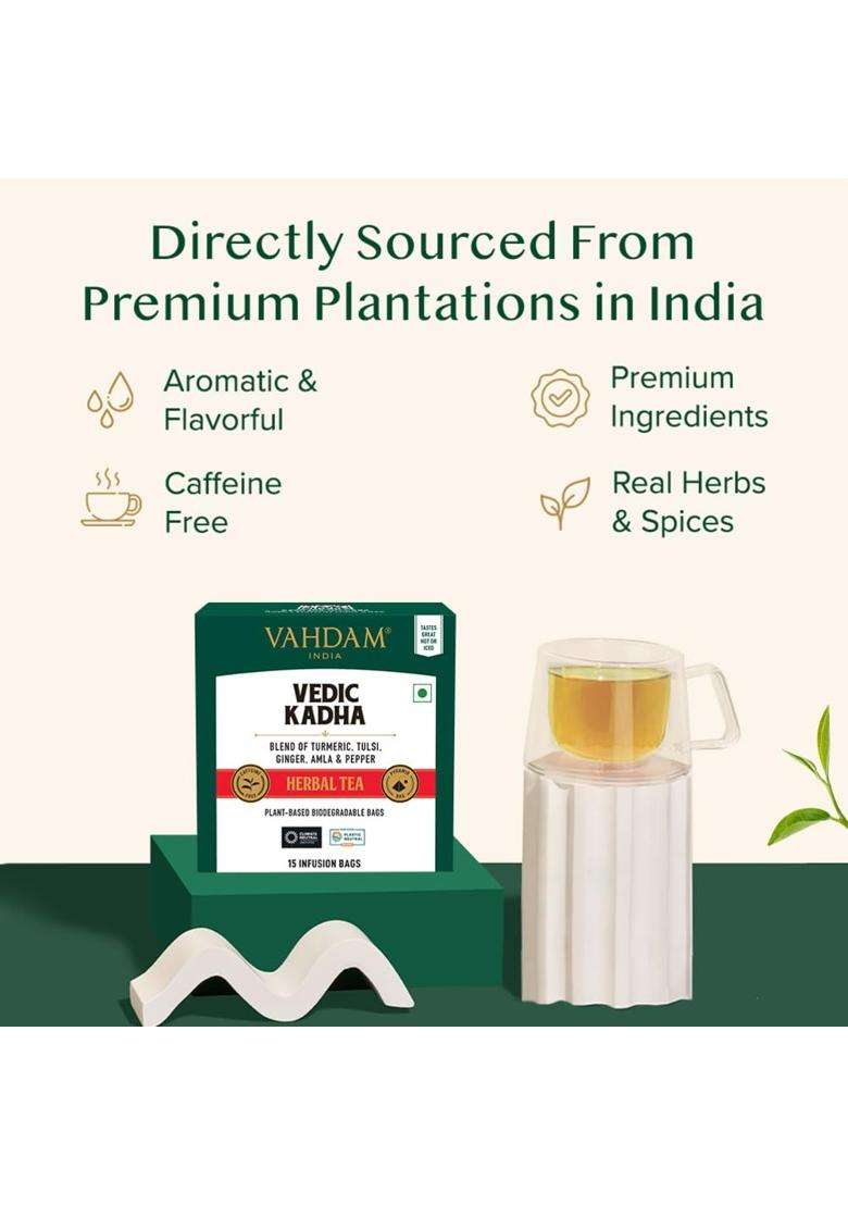 Vahdam Vedic Kadha Infusion Bags (15 Count) | Caffeine Free, Non-GMO, Gluten-Free | Botanical Tisane | Earthy & Savory | Direct from Source - Indya