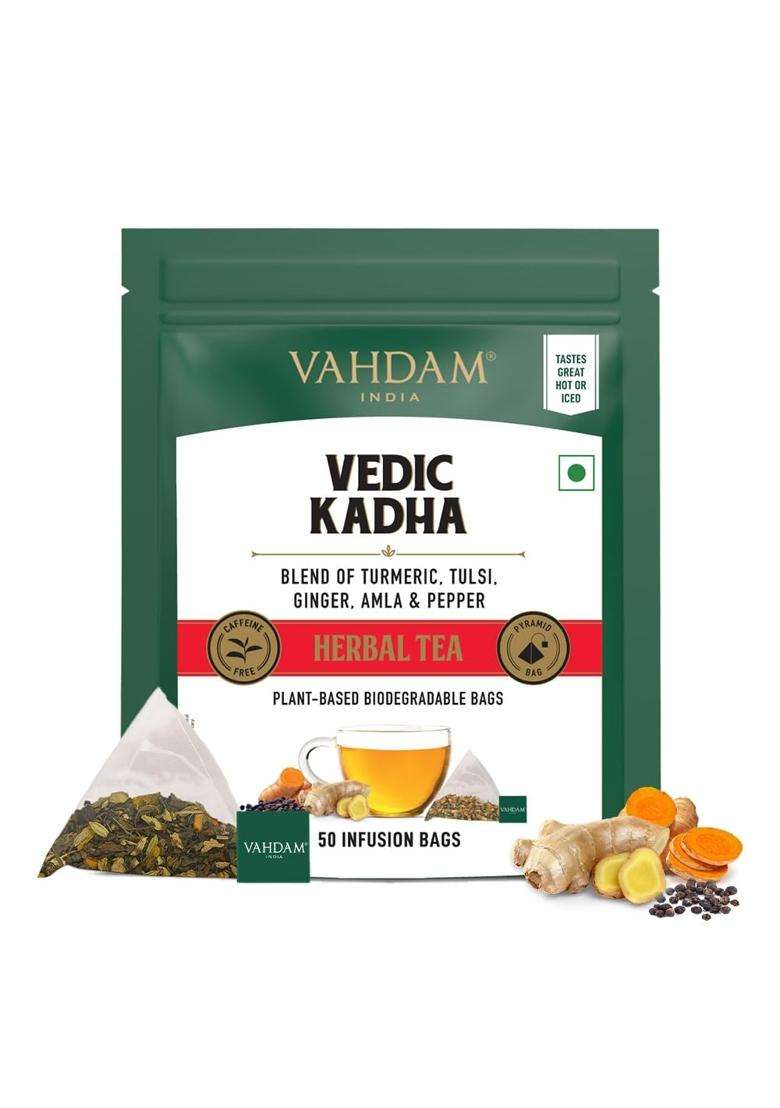 Vahdam Vedic Kadha Infusion Bags | 50 Pyramid Bags | Caffeine Free | Botanical Tisane | Earthy & Savory | Resealable Ziplock Pouch - Indya