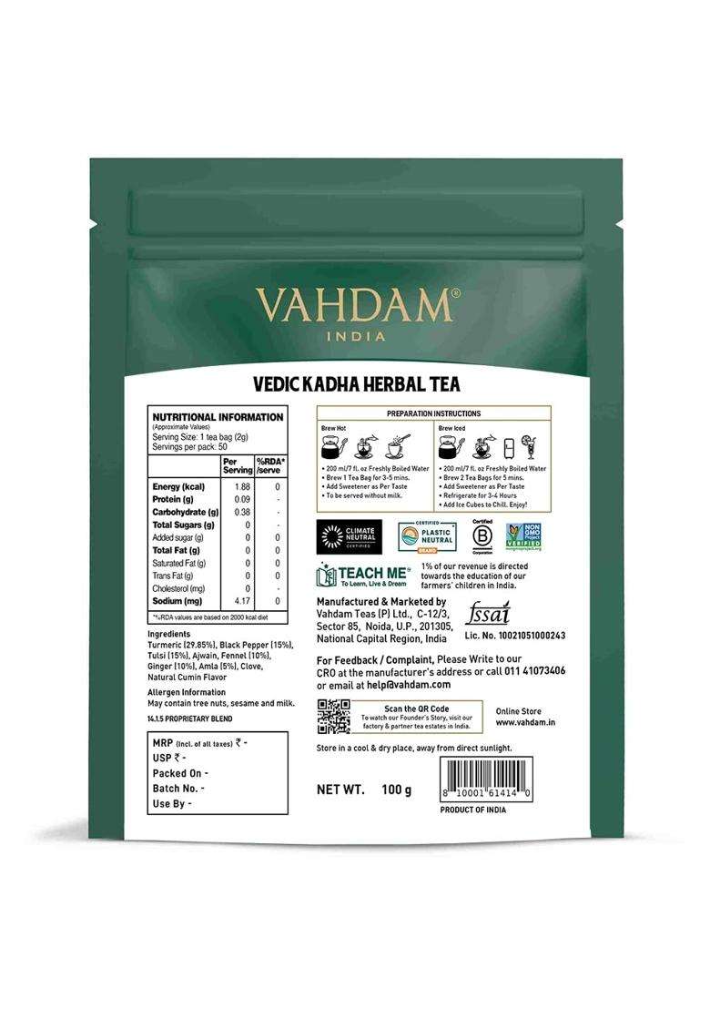 Vahdam Vedic Kadha Infusion Bags | 50 Pyramid Bags | Caffeine Free | Botanical Tisane | Earthy & Savory | Resealable Ziplock Pouch - Indya