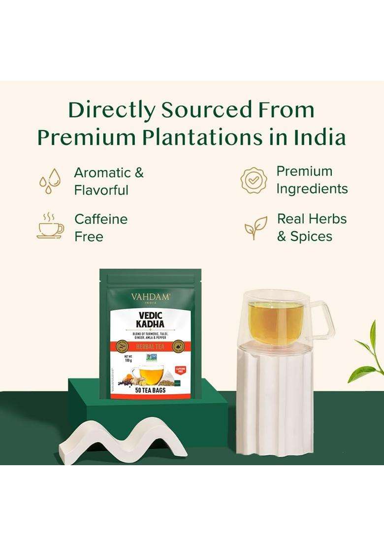 Vahdam Vedic Kadha Infusion Bags | 50 Pyramid Bags | Caffeine Free | Botanical Tisane | Earthy & Savory | Resealable Ziplock Pouch - Indya